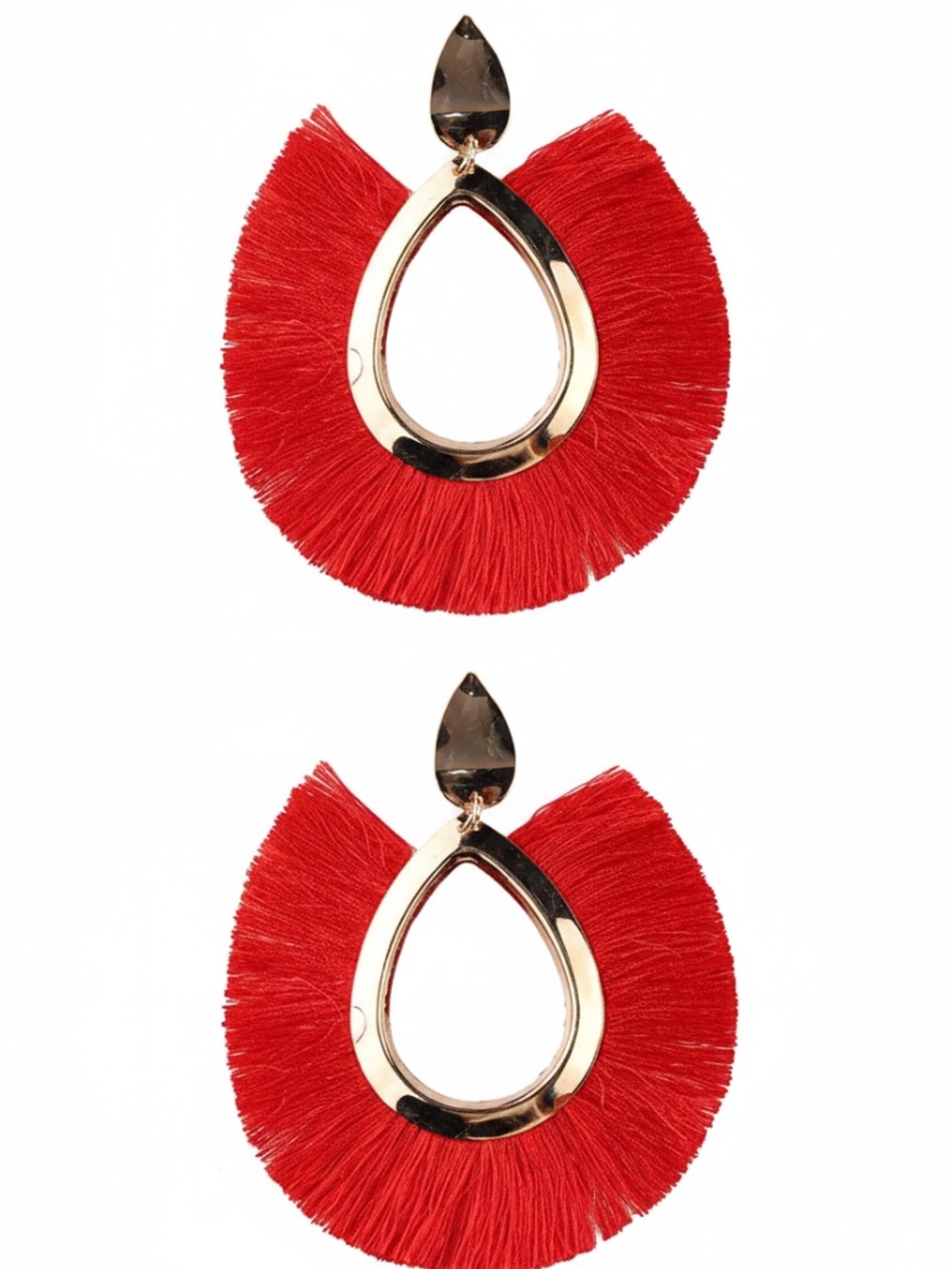 Womens Red Fringe Earrings Lightweight Teardrop Cotton Tassel Earrings